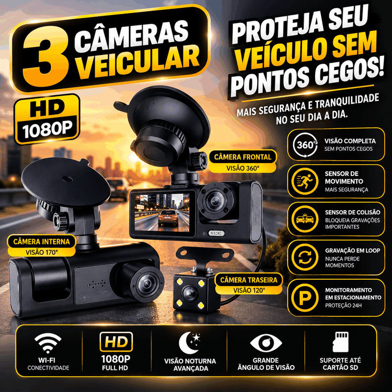 3 Câmera Wifi Automotiva Veicular Carro Com Hd Noturna 1080p Icarbonx